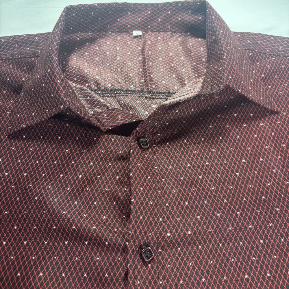 Mens XL Maroon Black Geometric Button Shirt Y2K Club Party Casual Short Sleeve